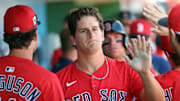 Feb 28, 2025; Clearwater, Florida, USA; Boston Red Sox outfielder Roman Anthony (48) is congratulated after he scored a run against the Philadelphia Phillies  during the third inning  at BayCare Ballpark. Mandatory Credit: Kim Klement Neitzel-Imagn Images