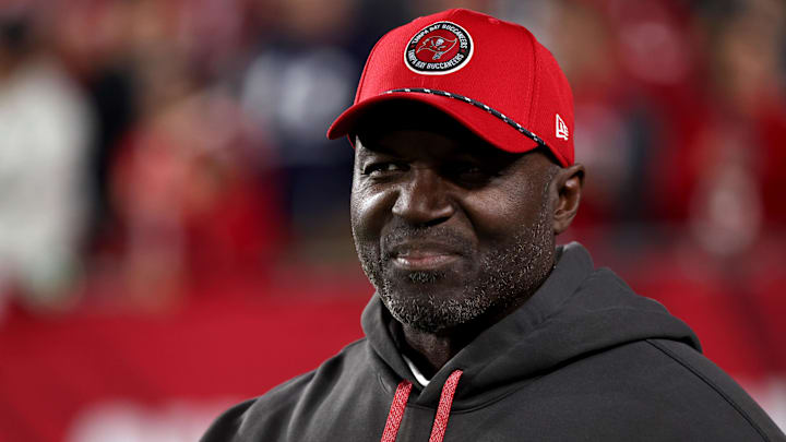 Jan 12, 2025; Tampa, Florida, USA; Tampa Bay Buccaneers head coach Todd Bowles before a NFC wild card playoff against the Washington Commanders at Raymond James Stadium. Mandatory Credit: Kim Klement Neitzel-Imagn Images