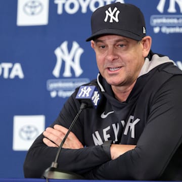Feb 11, 2025; Tampa, FL, USA; New York Yankees manager Aaron Boone talks with media during a press conference as spring training starts at George M. Steinbrenner Field
