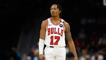 Apr 6, 2025; Charlotte, North Carolina, USA; Chicago Bulls guard Jahmir Young (17)