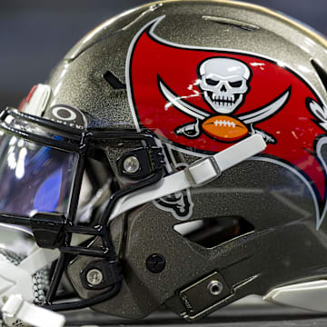 Oct 20, 2025; Detroit, Michigan, USA; The Tampa Bay Buccaneers helmet sits on an equipment locker before the game at Ford Field. Mandatory Credit: David Reginek-Imagn Images