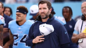 Aug 17, 2024; Nashville, Tennessee, USA; Tennessee Titans head coach Brian Callahan during the national anthem before the game against the Seattle Seahawks at Nissan Stadium. Mandatory Credit: Casey Gower-USA TODAY Sports