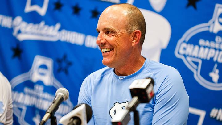 Jun 8, 2025; Chapel Hill, NC, USA;  North Carolina head coach Scott Forbes during an interview with the media after a Super Regionals game against North Carolina in Chapel Hill, North Carolina. Scott Forbes also celebrates his 200th win. Mandatory Credit: Jaylynn Nash-Imagn Images