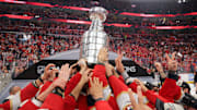 Jun 17, 2025; Sunrise, Florida, USA; The Florida Panthers hoist the Stanley Cup after winning game six of the 2025 Stanley Cup Final against the Edmonton Oilers at Amerant Bank Arena. Mandatory Credit: Sam Navarro-Imagn Images