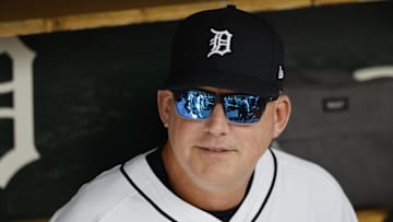 Apr 4, 2025; Detroit, Michigan, USA;  Detroit Tigers manager A.J. Hinch (14) in the dugout before the game against the Chicago White Sox at Comerica Park. Mandatory Credit: Rick Osentoski-Imagn Images