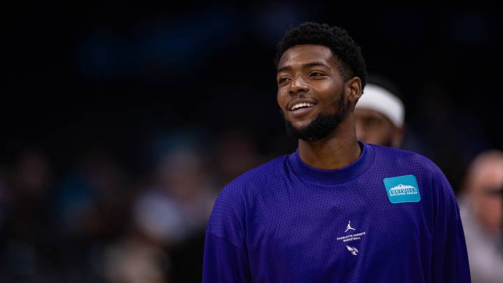 Oct 11, 2026; Charlotte, North Carolina, USA; Charlotte Hornets Brandon Miller (24) looks on during warm ups against the Milwaukee Bucks at Spectrum Center. Mandatory Credit: Scott Kinser-Imagn Images
