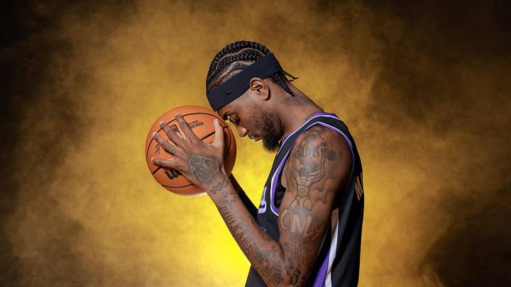Sep 30, 2024; Sacramento, CA, USA; Sacramento Kings forward Jalen McDaniels (7) during media day at Golden 1 Center. Mandatory Credit: Sergio Estrada-Imagn Images