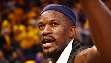 Apr 28, 2025; San Francisco, California, USA; Golden State Warriors forward Jimmy Butler III (10) speaks to TNT after the game four of the 2025 NBA Playoffs first round against the Houston Rockets at Chase Center. Mandatory Credit: Kelley L Cox-Imagn Images