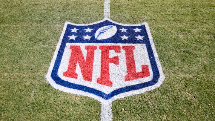 Oct 23, 2022; Jacksonville, Florida, USA;  the NFL logo is displayed on the field before a game featuring the New York Giants and Jacksonville Jaguars at TIAA Bank Field. Mandatory Credit: Nathan Ray Seebeck-USA TODAY Sports