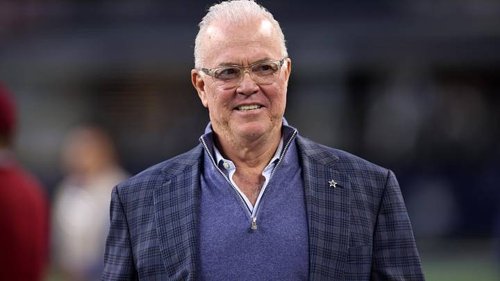 Dallas Cowboys CEO Stephen Jones walks on the field before the game against the Tampa Bay Buccaneers at AT&T Stadium.