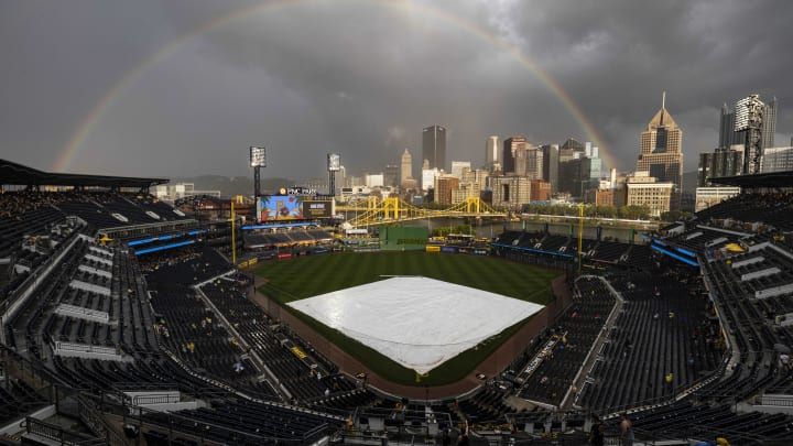 Jul 1, 2023; Pittsburgh, Pennsylvania, USA; A rainbow forms over the City of Pittsburgh during a