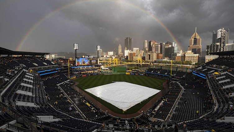 Jul 1, 2023; Pittsburgh, Pennsylvania, USA; A rainbow forms over the City of Pittsburgh during a