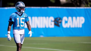 Jul 24, 2025; Charlotte, NC, USA; Carolina Panthers wide receiver Jimmy Horn Jr. (15) walks back for a drill in training camp. Mandatory Credit: Scott Kinser-Imagn Images