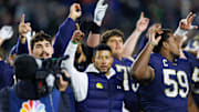 Notre Dame head coach Marcus Freeman celebrates with his players after winning a NCAA football game 70-7 against Syracuse at Notre Dame Stadium in South Bend.