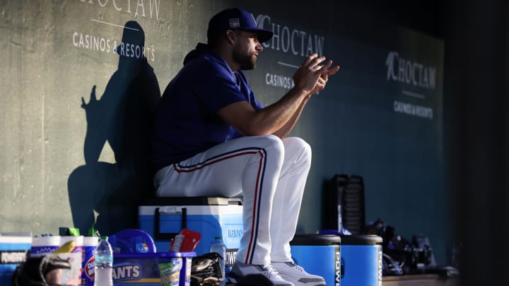 Jul 20, 2024; Arlington, Texas, USA; Texas Rangers pitcher Nathan Eovaldi (17) sits in the dugout during a game against the Baltimore Orioles at Globe Life Field. Mandatory Credit: Tim Heitman-USA TODAY Sports