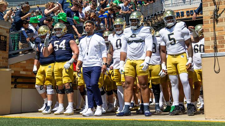 Apr 25, 2026; Notre Dame, IN, USA; Notre Dame Fighting Irish head coach Marcus Freeman waits in the tunnel before the Blue-Gold game at Notre Dame Stadium. Mandatory Credit: Michael Caterina-Imagn Images