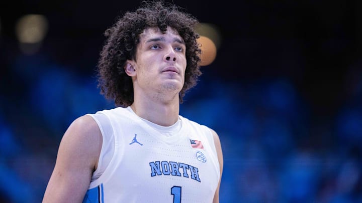 Nov 14, 2025; Chapel Hill, North Carolina, USA; North Carolina Tar Heels forward Zayden High (1) lines up for a free throw against the North Carolina Central Eagles in the second half at Dean E. Smith Center. Mandatory Credit: Scott Kinser-Imagn Images