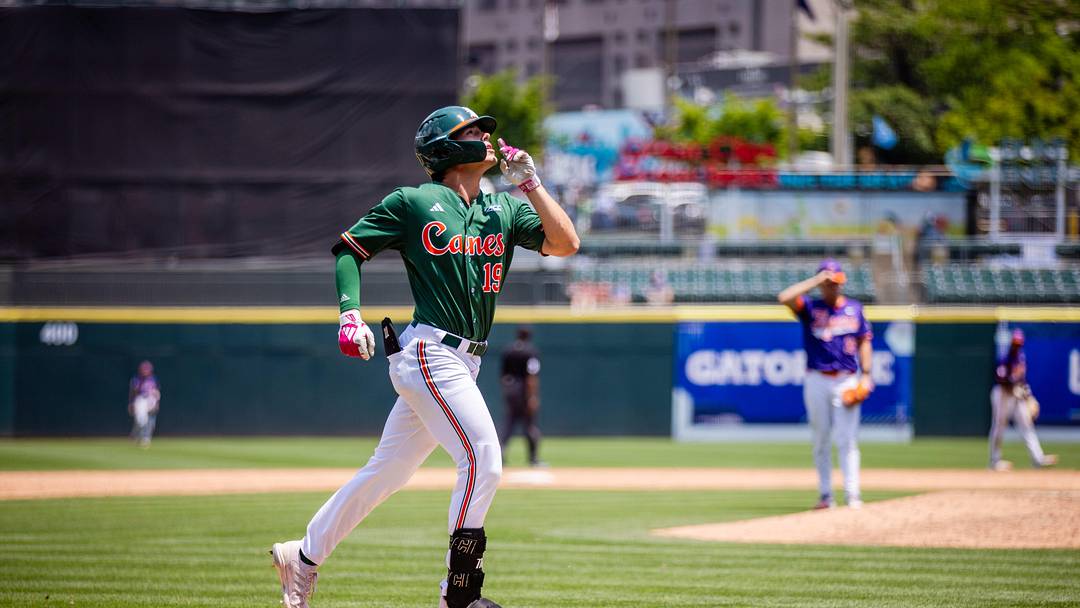 May 23, 2024; Charlotte, NC, USA; Miami (Fl) Hurricanes outfielder Jake Kulikowski (19) celebrates a home run during the ninth inning against the Clemson Tigers during the ACC Baseball Tournament at Truist Field.
