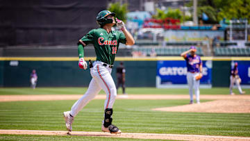 May 23, 2024; Charlotte, NC, USA; Miami (Fl) Hurricanes outfielder Jake Kulikowski (19) celebrates a home run during the ninth inning against the Clemson Tigers during the ACC Baseball Tournament at Truist Field.