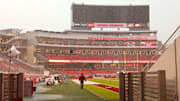 General view of  Donald W. Reynolds Razorback Stadium during a weather delay prior to the game between the Texas A&M Aggies and the Arkansas Razorbacks.