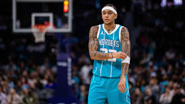 Nov 8, 2024; Charlotte, North Carolina, USA; Charlotte Hornets guard Tre Mann (23) during the second quarter against the Indiana Pacers at Spectrum Center.