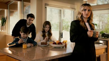 Annaleigh Ashford as Melissa Moore in "Happy Face," with husband Ben and kids Max and Hazel. Credit: Victoria Will/Paramount+