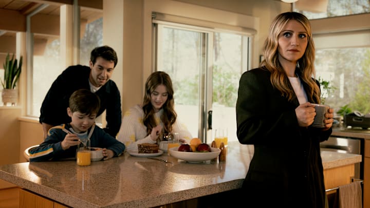 Annaleigh Ashford as Melissa Moore in "Happy Face," with husband Ben and kids Max and Hazel. Credit: Victoria Will/Paramount+