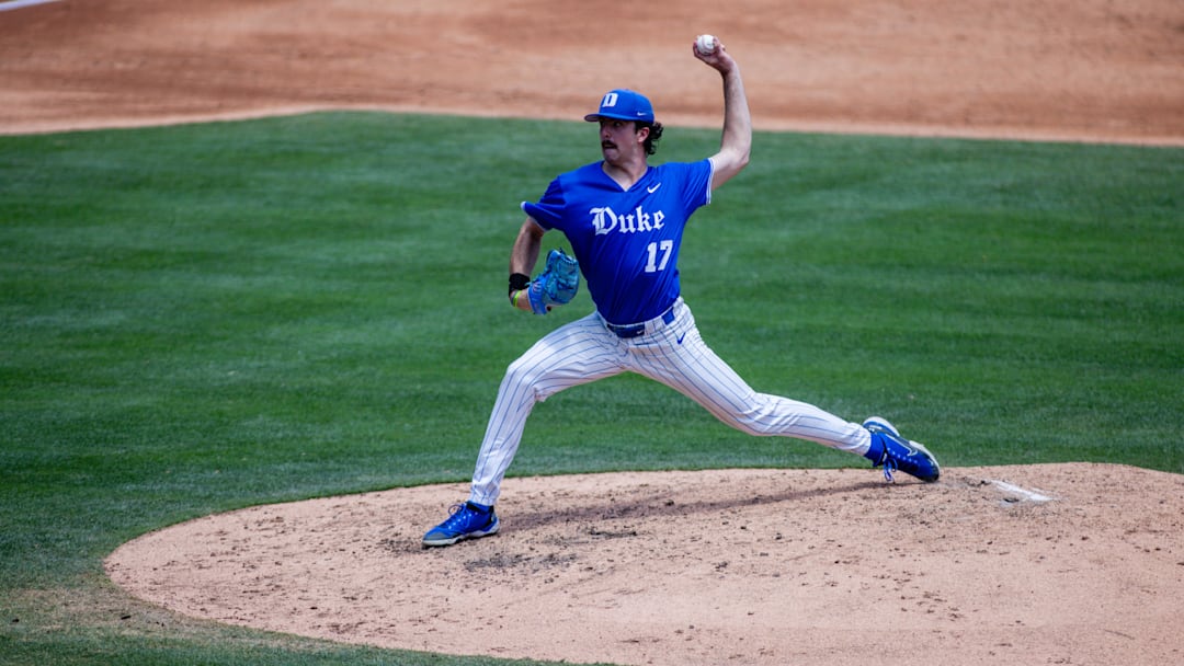 May 26, 2024; Charlotte, NC, USA; Duke Blue Devils pitcher James Tallon (17) in the third inning against the Florida State Seminoles during the ACC Baseball Tournament at Truist Field.