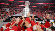 Jun 17, 2025; Sunrise, Florida, USA; The Florida Panthers hoist the Stanley Cup after winning game six of the 2025 Stanley Cup Final against the Edmonton Oilers at Amerant Bank Arena. Mandatory Credit: Sam Navarro-Imagn Images