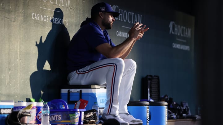 Jul 20, 2024; Arlington, Texas, USA; Texas Rangers pitcher Nathan Eovaldi (17) sits in the dugout during a game against the Baltimore Orioles at Globe Life Field. Mandatory Credit: Tim Heitman-USA TODAY Sports