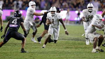 Sep 14, 2024; Fort Worth, Texas, USA; UCF Knights quarterback KJ Jefferson (1) runs with the ball during the fourth quarter against the TCU Horned Frogs at Amon G. Carter Stadium. Mandatory Credit: Andrew Dieb-Imagn Images