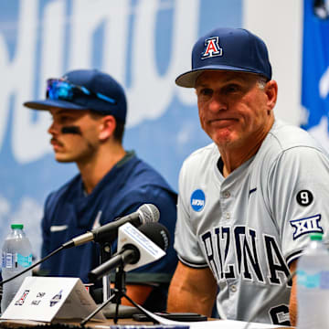 Jun 8, 2025; Chapel Hill, NC, USA;  Arizona head coach Chip Hale and  infielder Garen Caulfield (1) interview with the media after a Super Regionals game against North Carolina in Chapel Hill, North Carolina. Mandatory Credit: Jaylynn Nash-Imagn Images