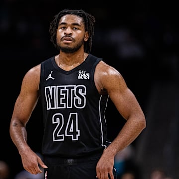 Mar 8, 2025; Charlotte, North Carolina, USA; Brooklyn Nets guard Cam Thomas (24) looks on during a break against the Charlotte Hornets during the second quarter at Spectrum Center. Mandatory Credit: Scott Kinser-Imagn Images