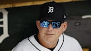 Apr 4, 2025; Detroit, Michigan, USA;  Detroit Tigers manager A.J. Hinch (14) in the dugout before the game against the Chicago White Sox at Comerica Park