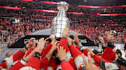 Jun 17, 2025; Sunrise, Florida, USA; The Florida Panthers hoist the Stanley Cup after winning game six of the 2025 Stanley Cup Final against the Edmonton Oilers at Amerant Bank Arena. Mandatory Credit: Sam Navarro-Imagn Images