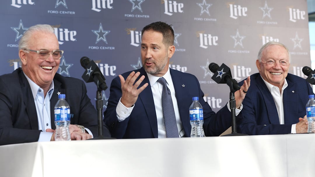 Dallas Cowboys CEO Stephen Jones, head coach Brian Schottenheimer, and owner Jerry Jones speak to the media 