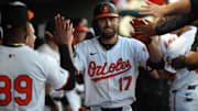 Baltimore Orioles outfielder Colton Cowser is congratulated  after he hit a 2-run home run against the Minnesota Twins.