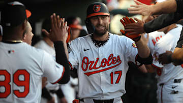 Baltimore Orioles outfielder Colton Cowser is congratulated  after he hit a 2-run home run against the Minnesota Twins.