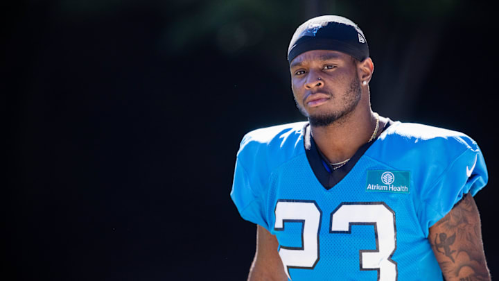 Jul 26, 2025; Charlotte, NC, USA; Carolina Panthers running back Trevor Etienne (23) walks to practice during training camp. Mandatory Credit: Scott Kinser-Imagn Images