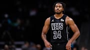 Brooklyn Nets guard Cam Thomas looks on during a break against the Charlotte Hornets during the second quarter at Spectrum Center in Charlotte, N.C., on March 8, 2025.