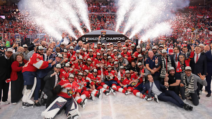 The Florida Panthers pose for a photo with the Stanley Cup after winning on Jun 17, 2025.