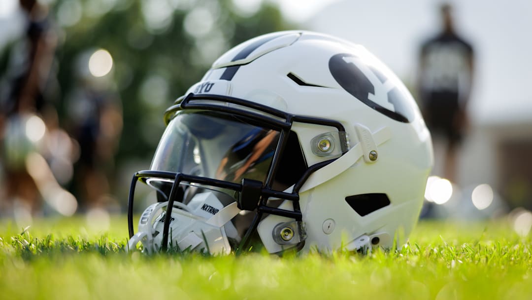 BYU football helmet at Fall Camp
