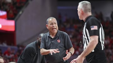 Mar 3, 2025; Houston, Texas, USA; Houston Cougars head coach Kelvin Sampson reacts towards an official during the first half against the Kansas Jayhawks at Fertitta Center. Mandatory Credit: Troy Taormina-Imagn Images