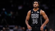 Mar 8, 2025; Charlotte, North Carolina, USA; Brooklyn Nets guard Cam Thomas (24) looks on during a break against the Charlotte Hornets during the second quarter at Spectrum Center. Mandatory Credit: Scott Kinser-Imagn Images