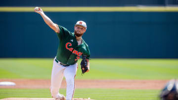 May 23, 2024; Charlotte, NC, USA; Miami (Fl) Hurricanes pitcher Gage Ziehl (31) during the first inning against the Clemson Tigers during the ACC Baseball Tournament at Truist Field. Mandatory Credit: Scott Kinser-USA TODAY Sports