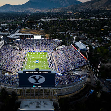 A sellout crowd at Lavell Edwards Stadium takes in BYU's season-opening win over Southern Illinois