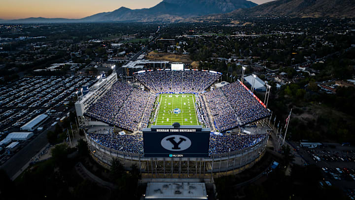 A sellout crowd at Lavell Edwards Stadium takes in BYU's season-opening win over Southern Illinois