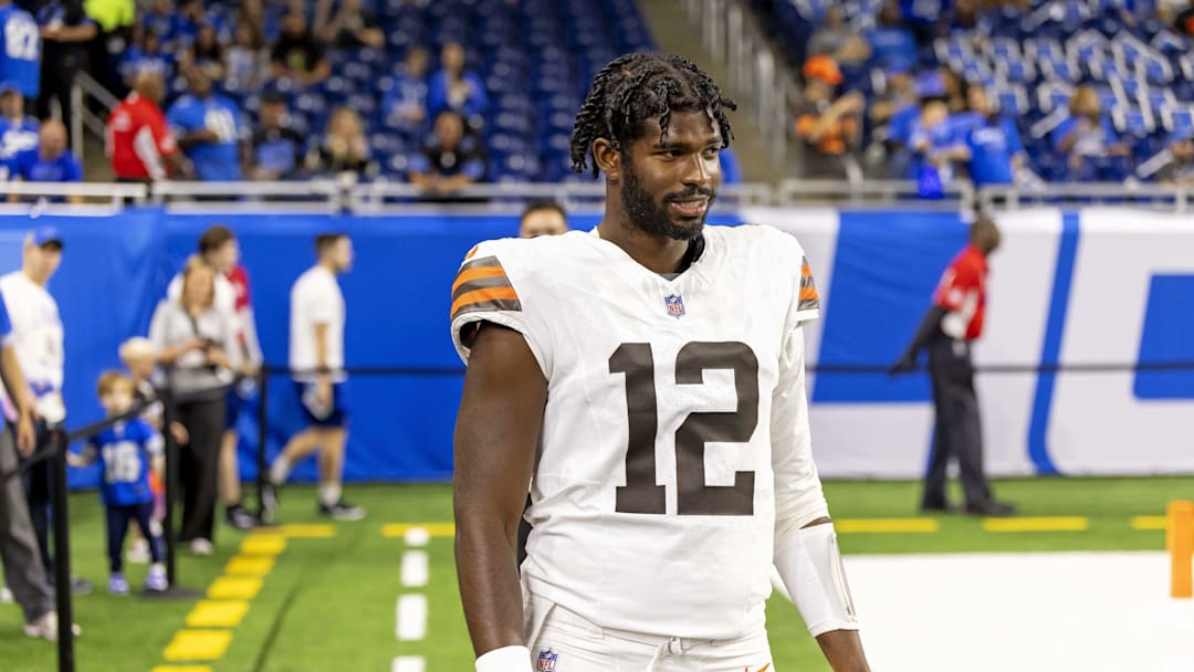 Sep 28, 2025; Detroit, Michigan, USA; Cleveland Browns quarterback Shedeur Sanders (12) warms up before the game against the Detroit Lions at Ford Field. Mandatory Credit: David Reginek-Imagn Images