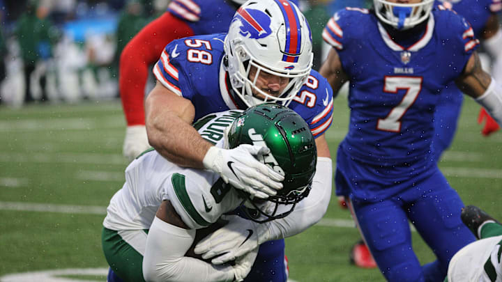 Bills Matt Milano makes the tackle on Jets Elijah Moore. Bills Matt Milano makes the tackle on Jets Elijah Moore.