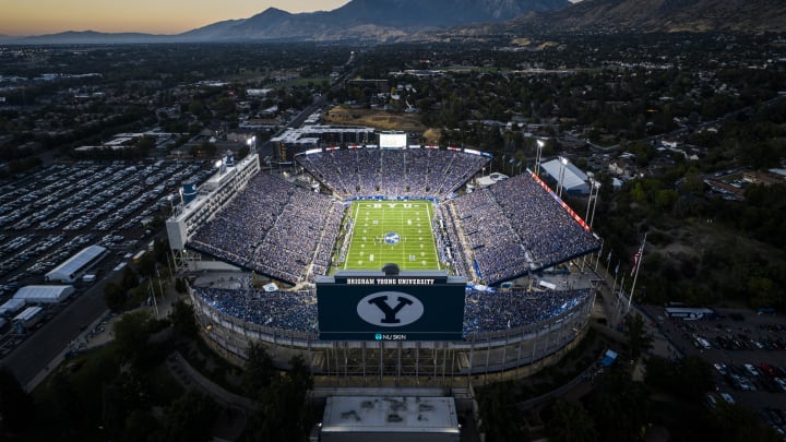 A sellout crowd at Lavell Edwards Stadium takes in BYU's season-opening win over Southern Illinois